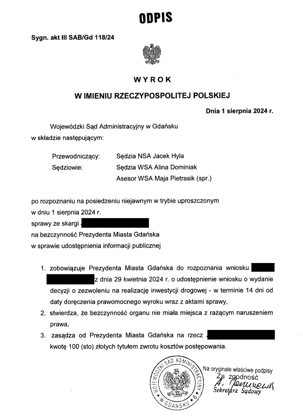 Wyrok WSA III SAB/Gd 118/24