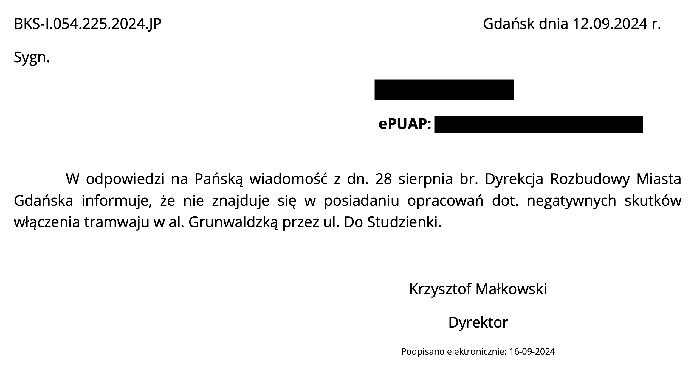 DRMG nie ma opracowań o negatywnych skutkach włączenia tramwaju poprzez ulicę Do Studzienki