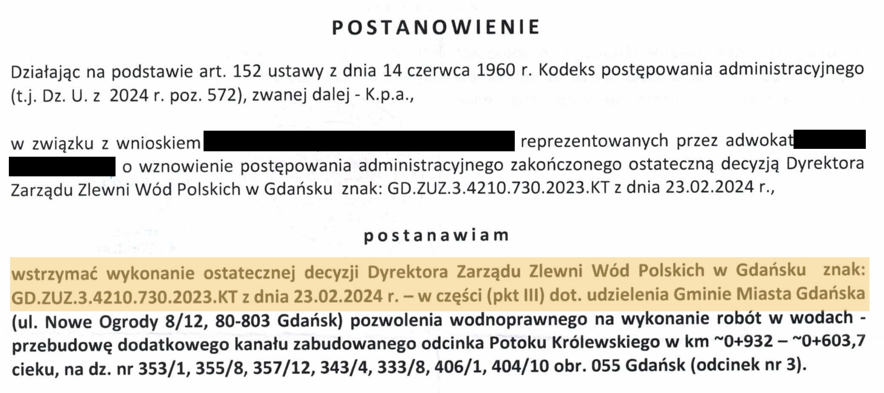 Wstrzymanie decyzji GD.ZUZ.3.4210.730.2023.KT