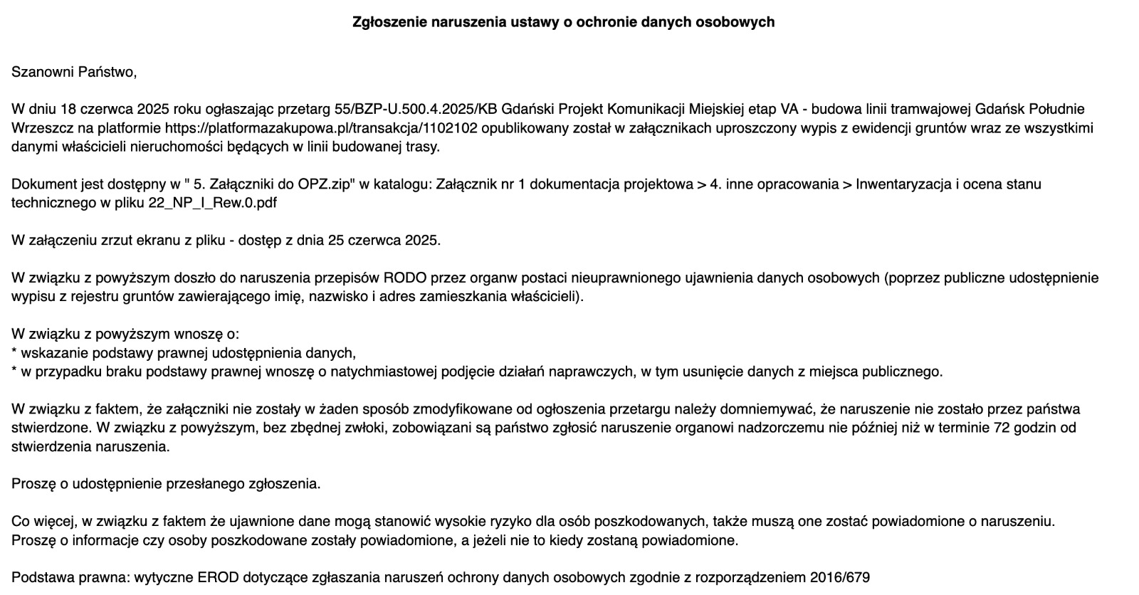 Zgłoszenie naruszenia przez Dyrekcję Rozbudowy Miasta Gdanska